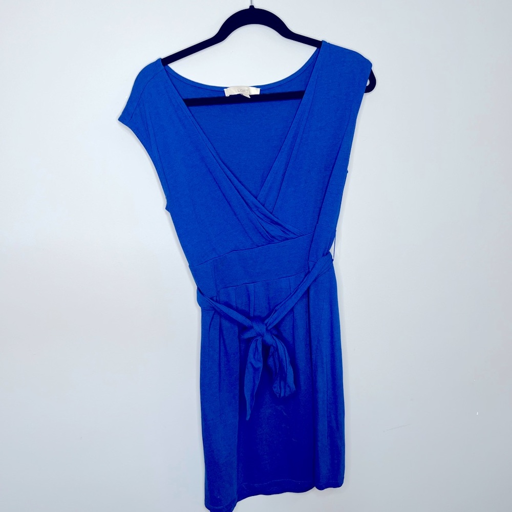 Loft Women's Royal Blue V-neck Faux Wrap Cotton Short Sleeve Dress, Medium